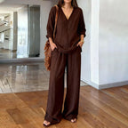 Celine | Linen blend two-piece set with V-neck top