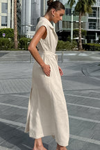 Linen Maxi Dress with High Waist and Tie Belt – Elegant Dress with Slit