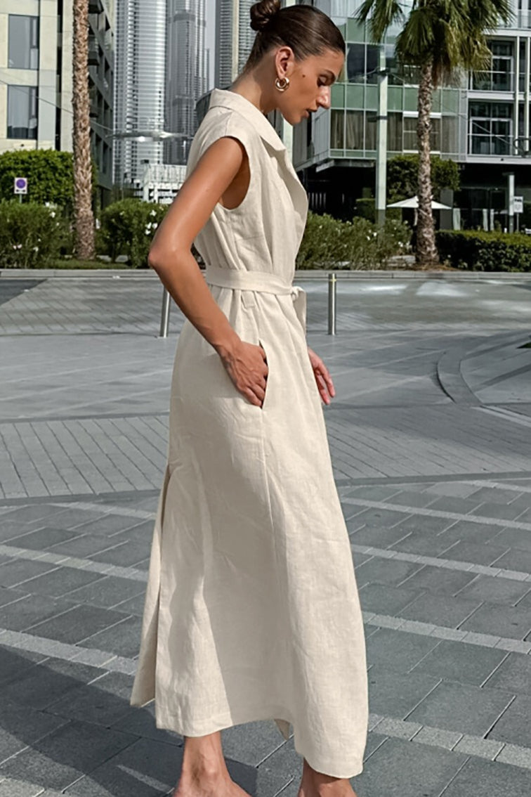 Linen Maxi Dress with High Waist and Tie Belt – Elegant Dress with Slit