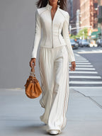 Mila | White Stand Collar Zip Wide Leg Trouser Set