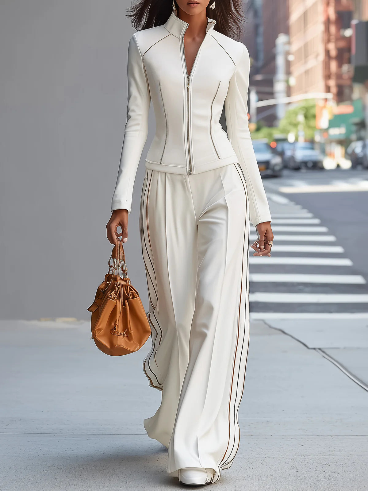Mila | White Stand Collar Zip Wide Leg Trouser Set