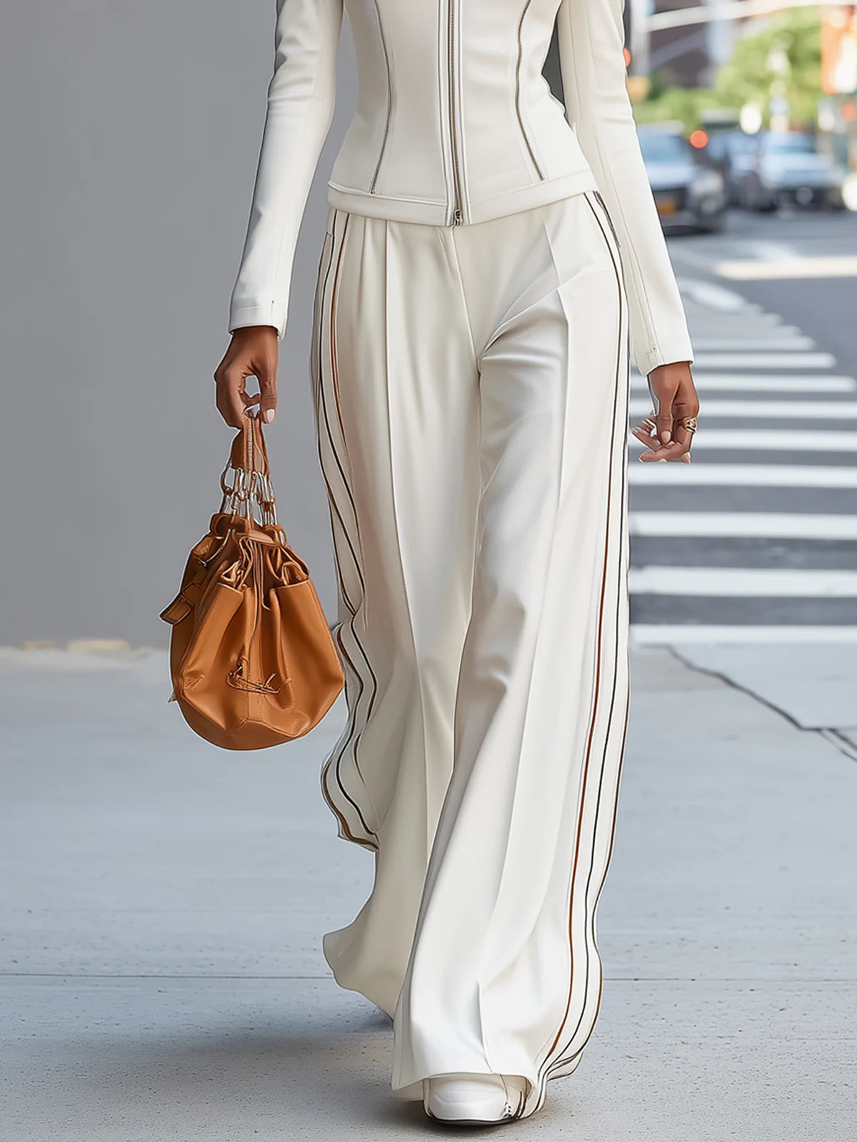 Mila | White Stand Collar Zip Wide Leg Trouser Set