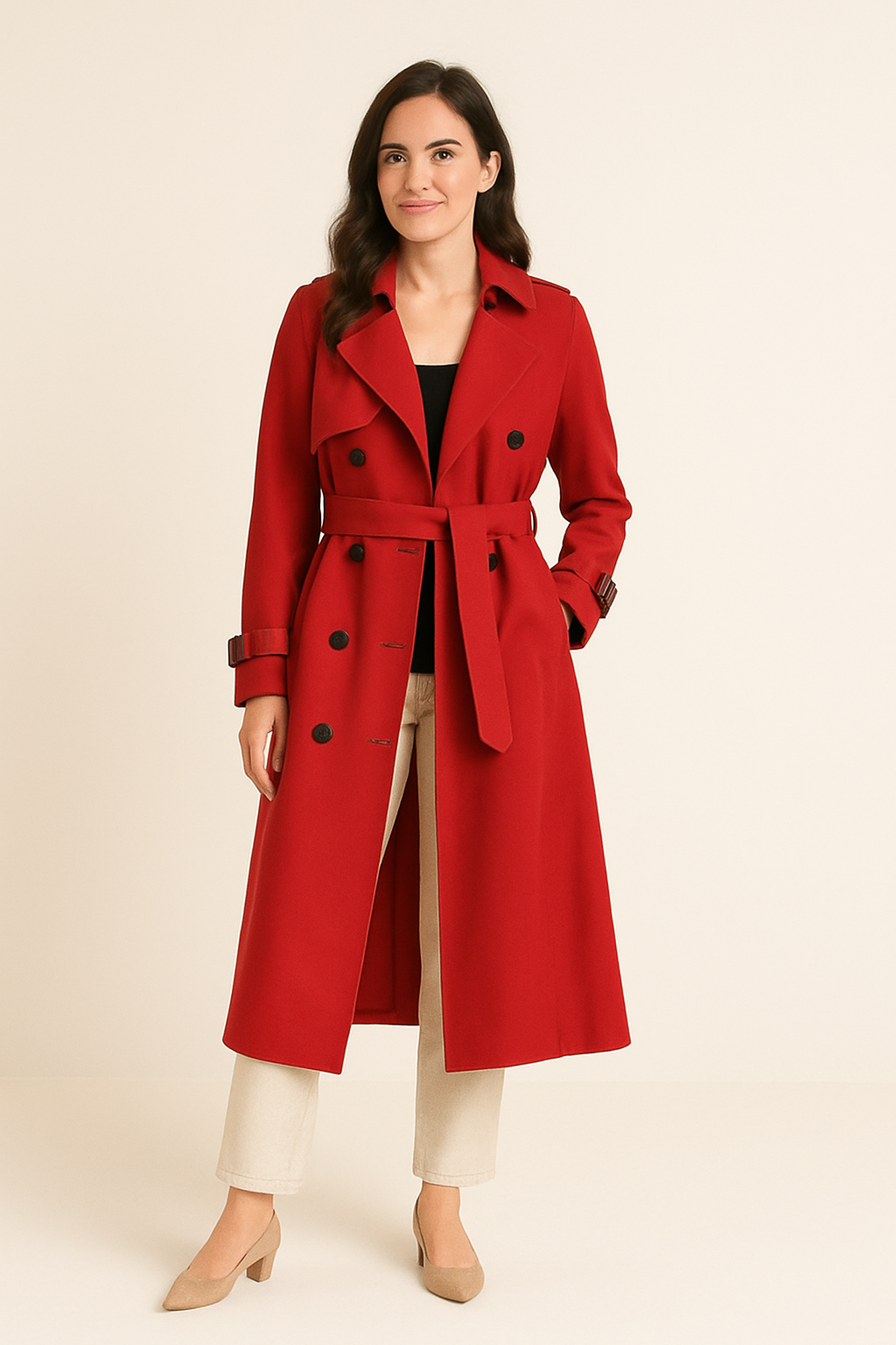 HERBERGER | Elegant Women's Long Trench Coat with Tie Belt and Button Placket