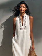Marcelle | Maxi dress with stand collar and lace panel