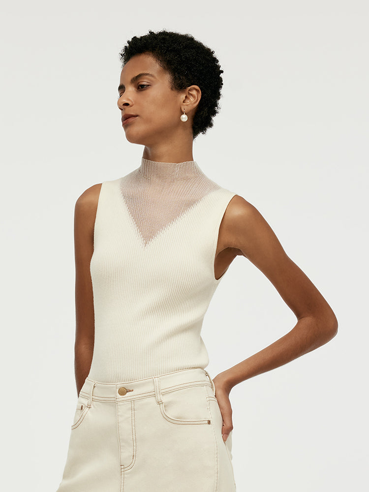 Patchwork Mock Neck Women's Knitted Sleeveless Top