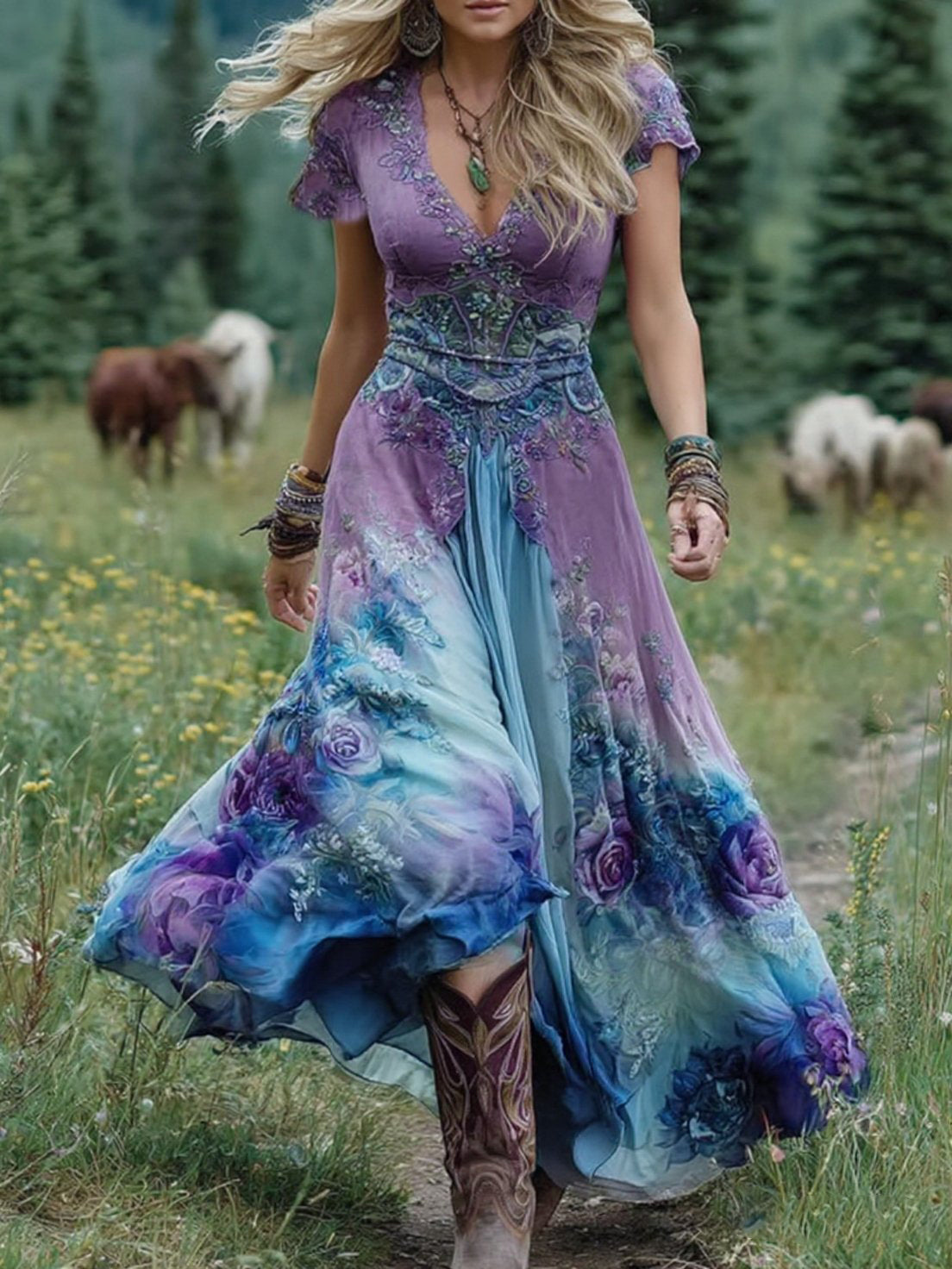 Marcina Elegant Maxi Dress with Floral Tones