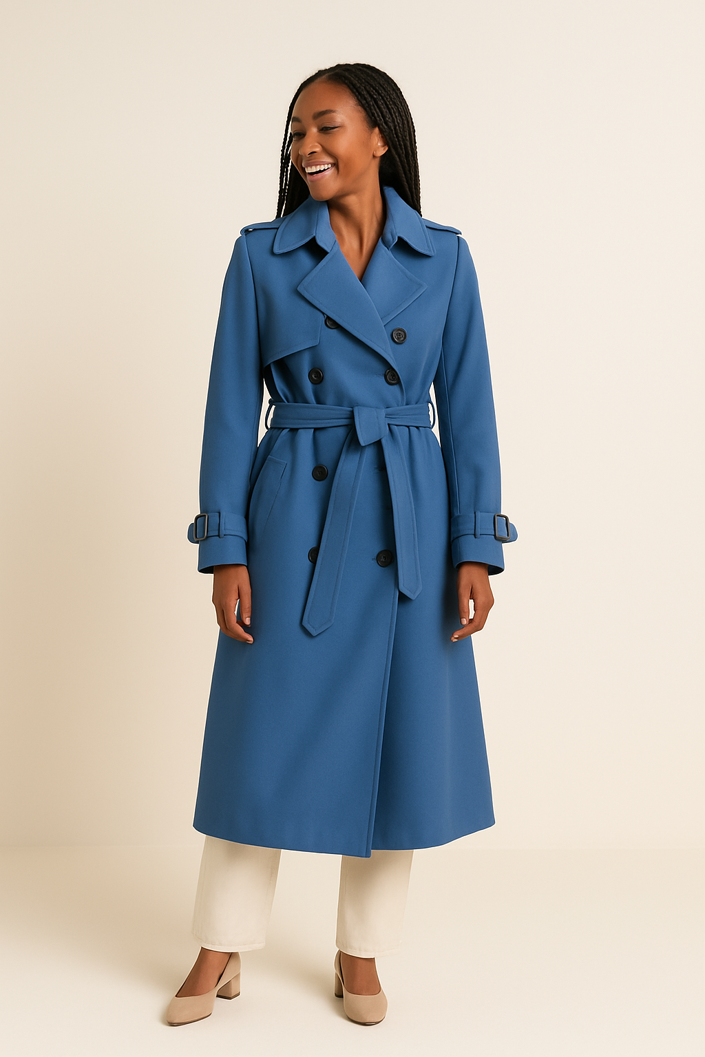 HERBERGER | Elegant Women's Long Trench Coat with Tie Belt and Button Placket