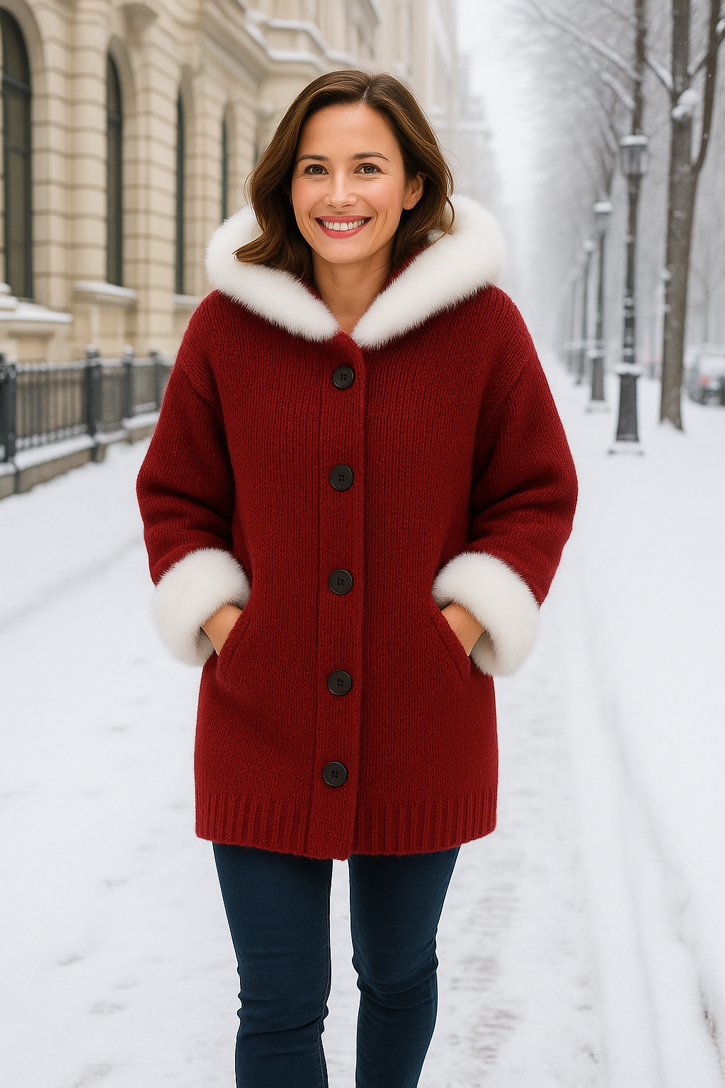 Nodia – Knitted Coat with Hood and Faux Fur Trim