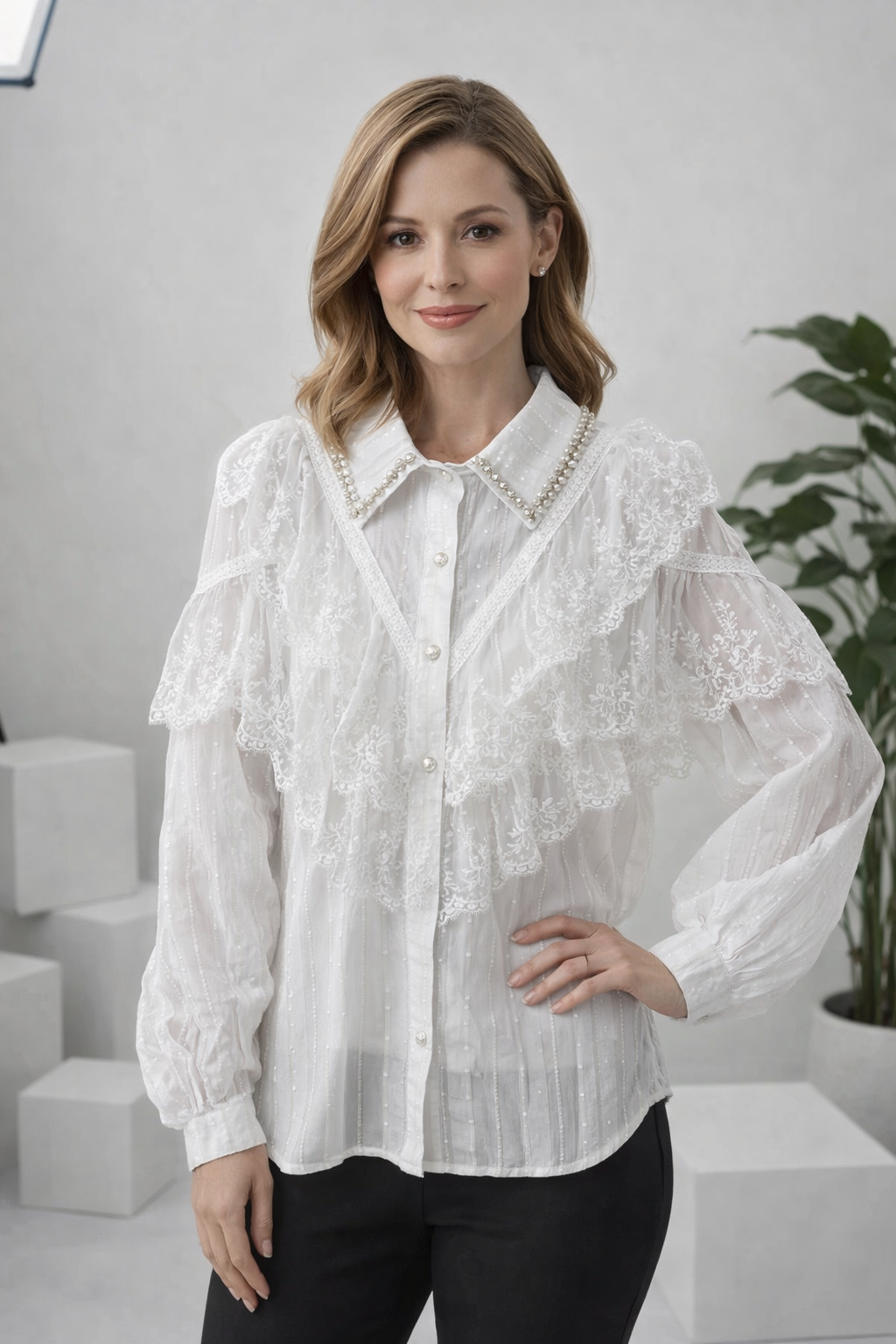 Vina | Vintage Blouse with Pearl & Rhinestone Details