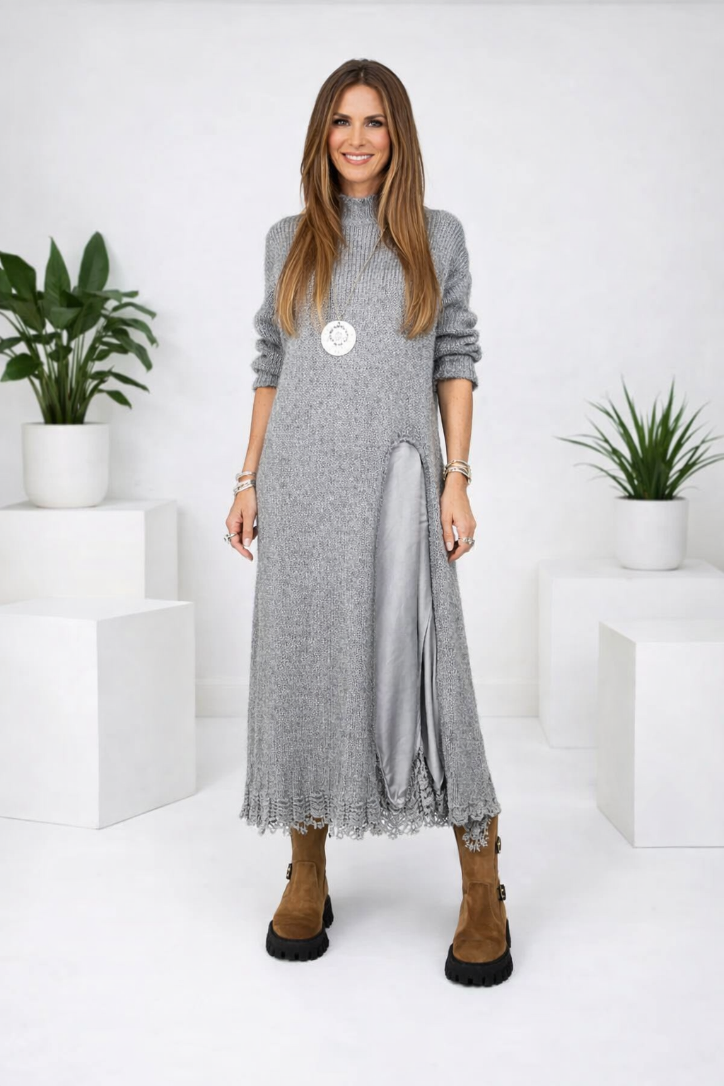 Valérie | Satin Maxi Dress & Fine Knit Sweater Set