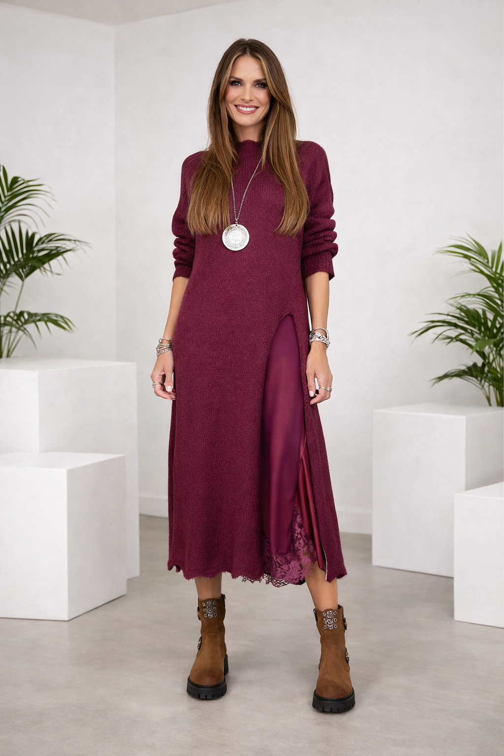 Valérie | Satin Maxi Dress & Fine Knit Sweater Set