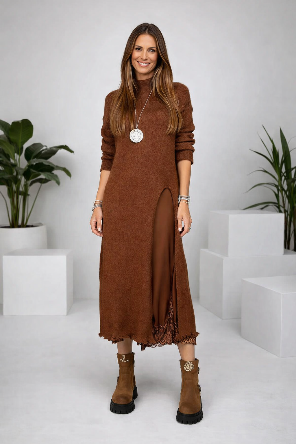 Valérie | Satin Maxi Dress & Fine Knit Sweater Set