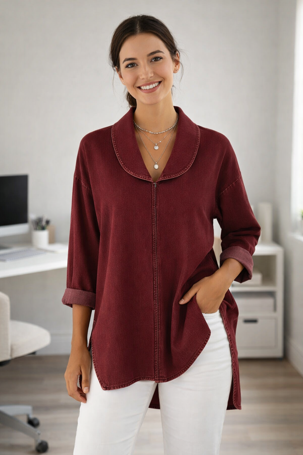 Ava | Retro Denim Top with Shawl Collar
