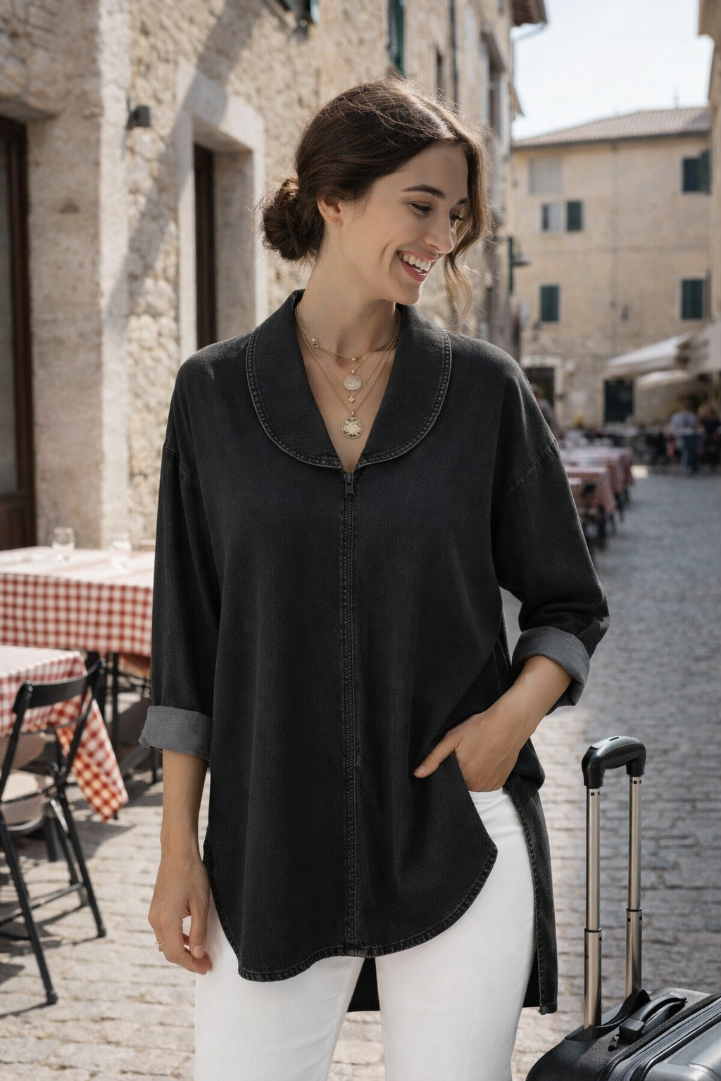 Ava | Retro Denim Top with Shawl Collar