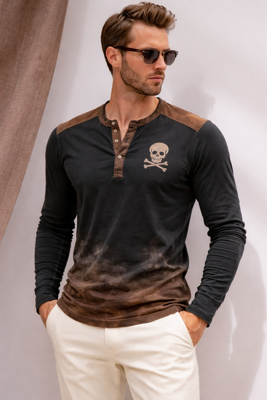 Casual Henley Long-Sleeve T-Shirt with Pattern