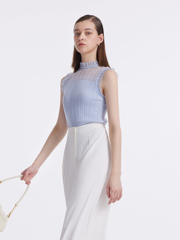 Women's Top with Ruffles Made from Tencel and Wool
