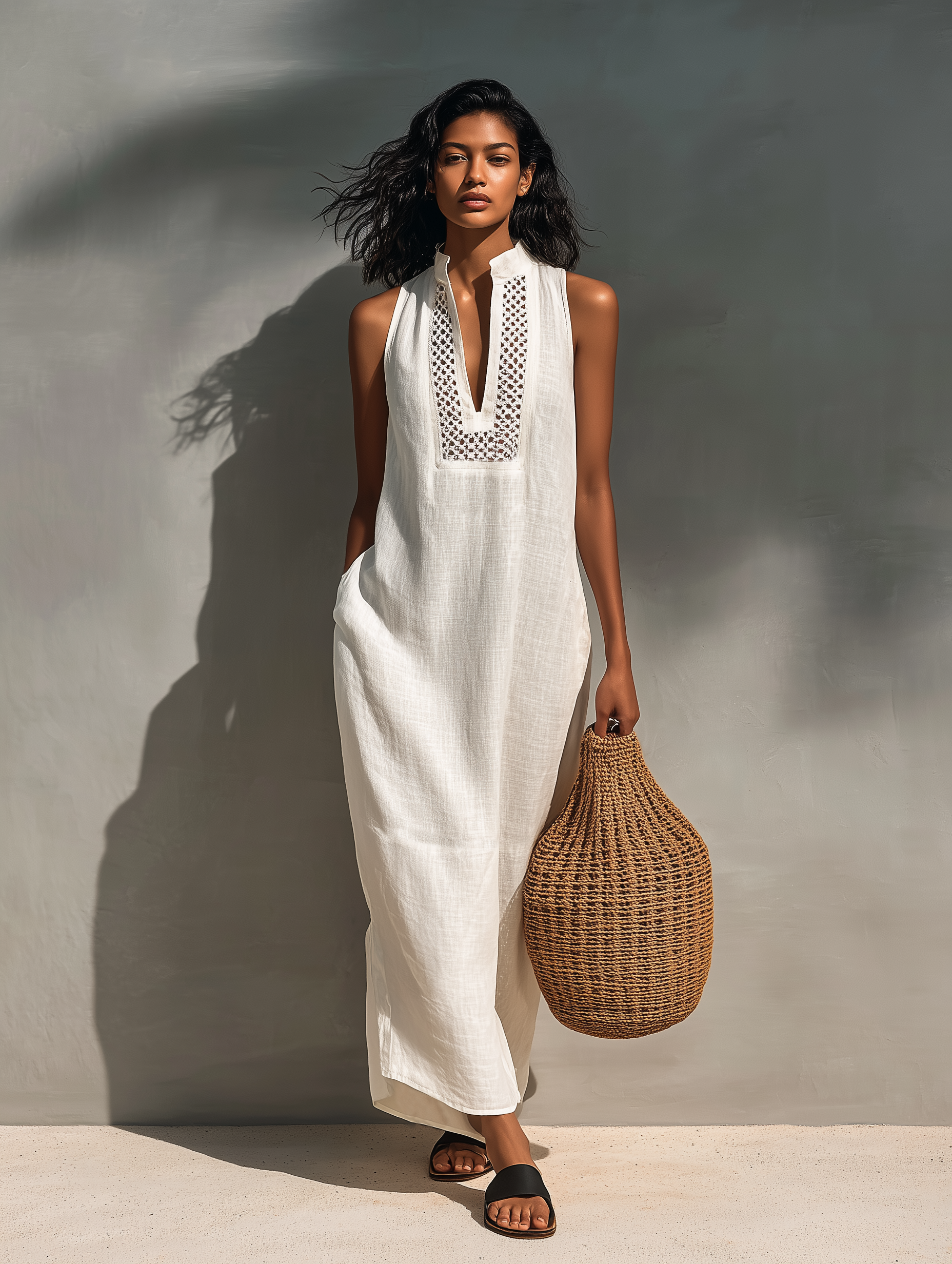 Marcelle | Maxi dress with stand collar and lace panel