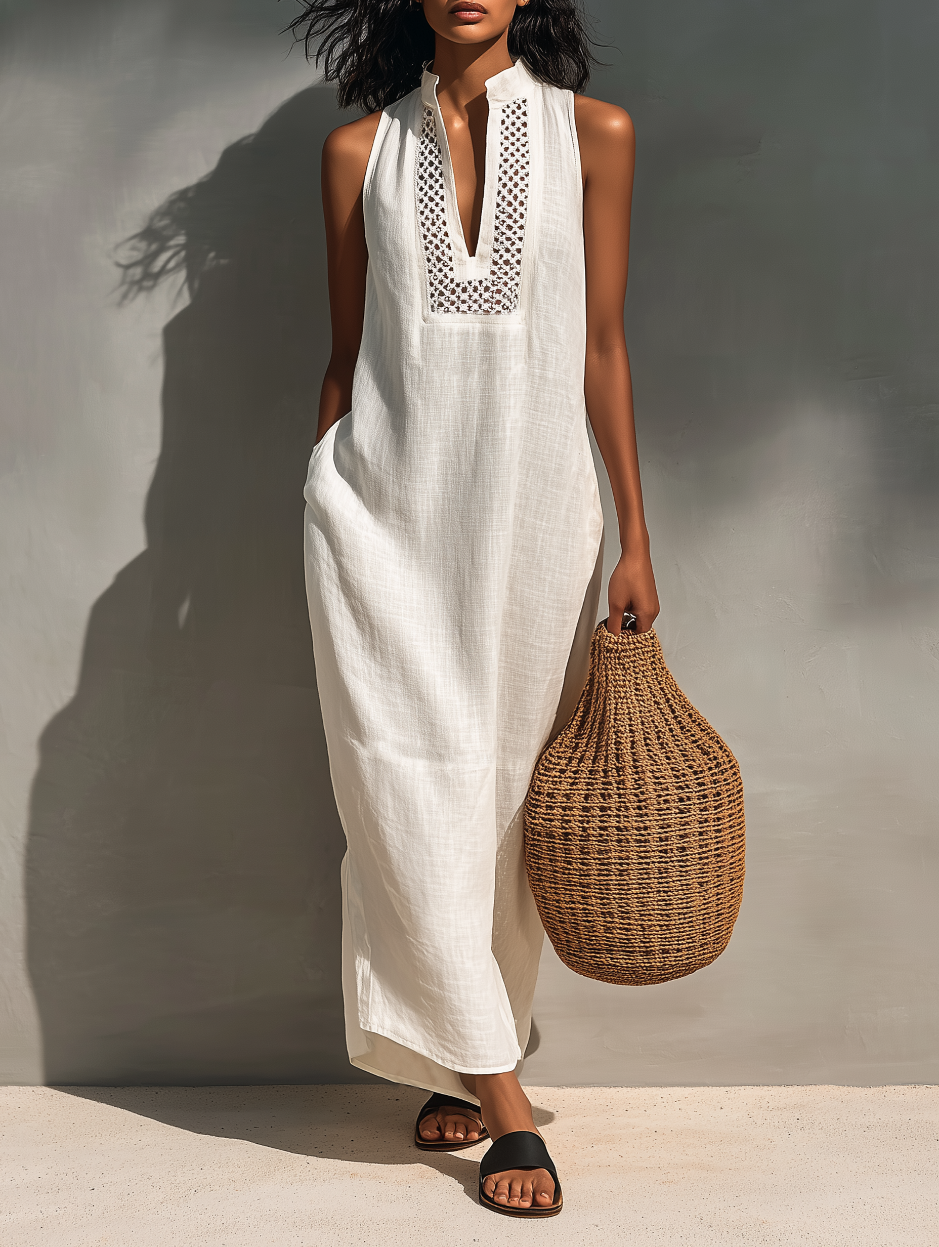 Marcelle | Maxi dress with stand collar and lace panel