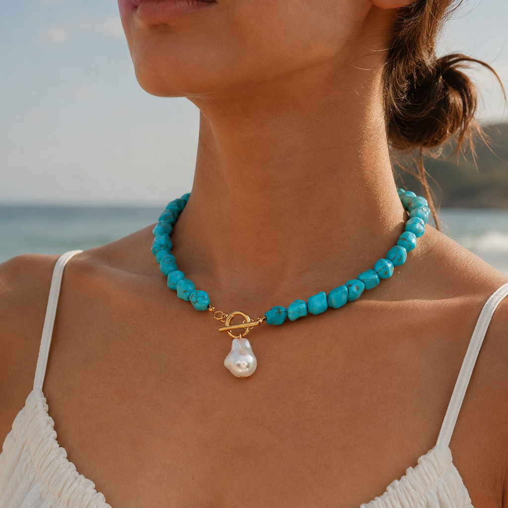 Lily | Natuurlijke turquoise gevormde parel hanger ketting