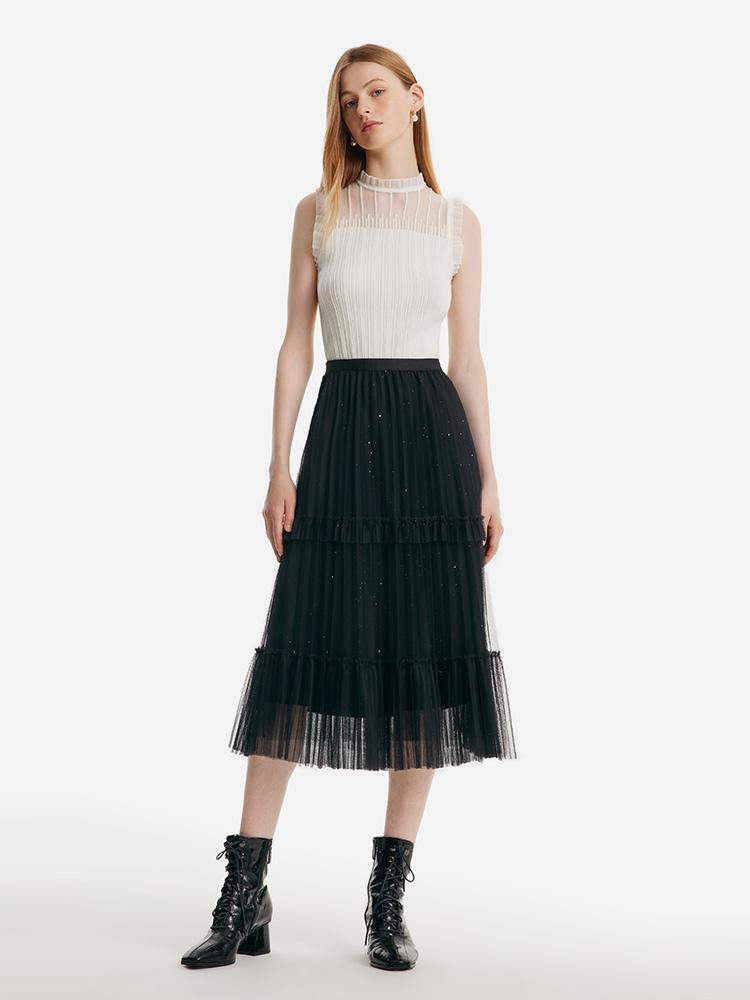 Women's Top with Ruffles Made from Tencel and Wool