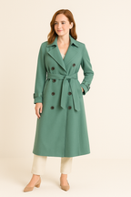 HERBERGER | Elegant Women's Long Trench Coat with Tie Belt and Button Placket