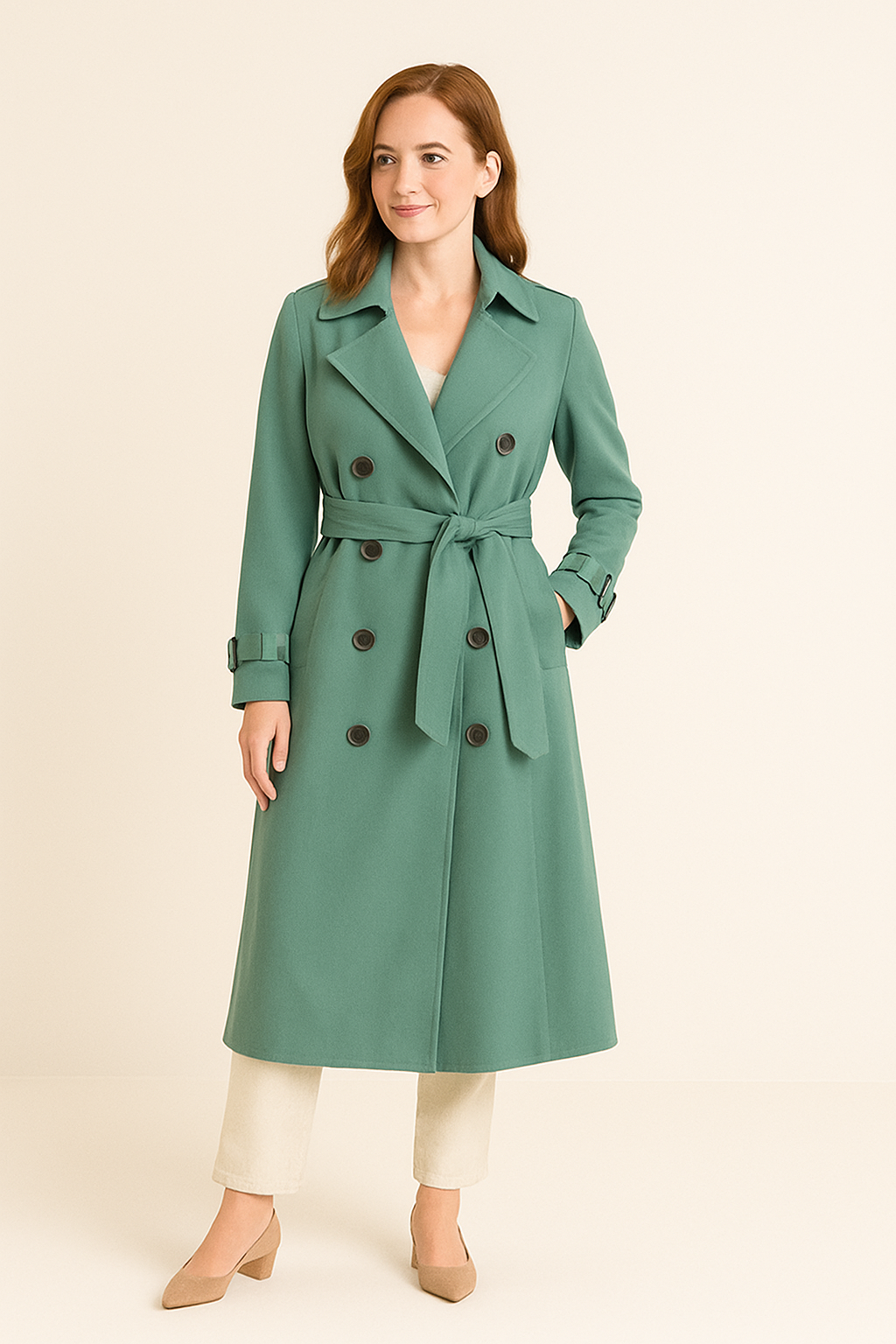 HERBERGER | Elegant Women's Long Trench Coat with Tie Belt and Button Placket