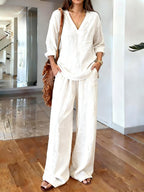 Celine | Linen blend two-piece set with V-neck top