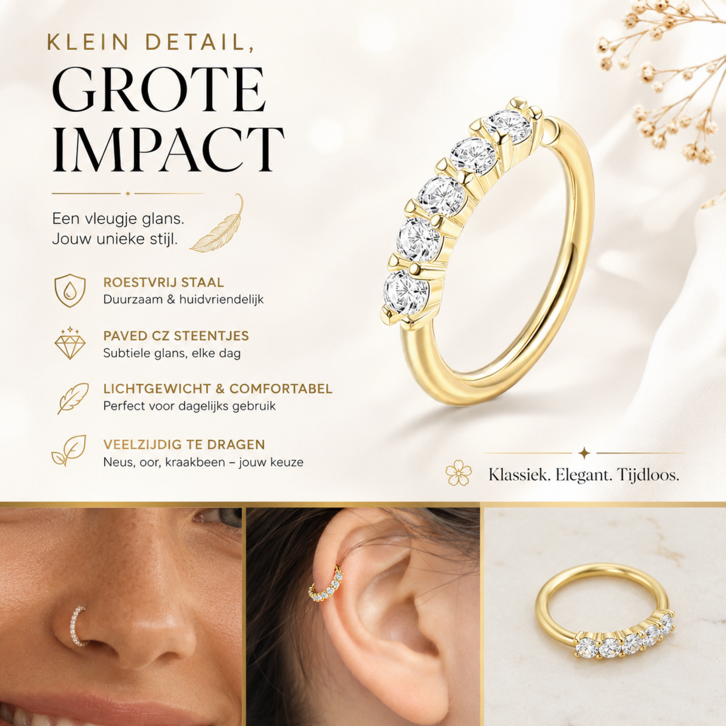 Hazel | Roestvrijstalen Neusring met Bladvormige Cubic Zirconia