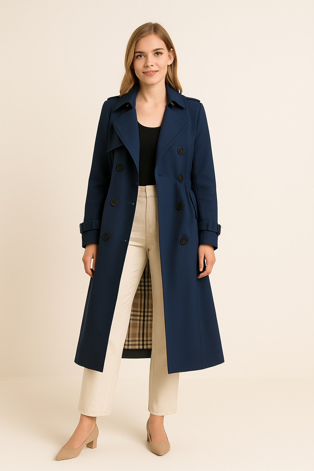 HERBERGER | Elegant Women's Long Trench Coat with Tie Belt and Button Placket