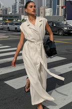 Linen Maxi Dress with High Waist and Tie Belt – Elegant Dress with Slit