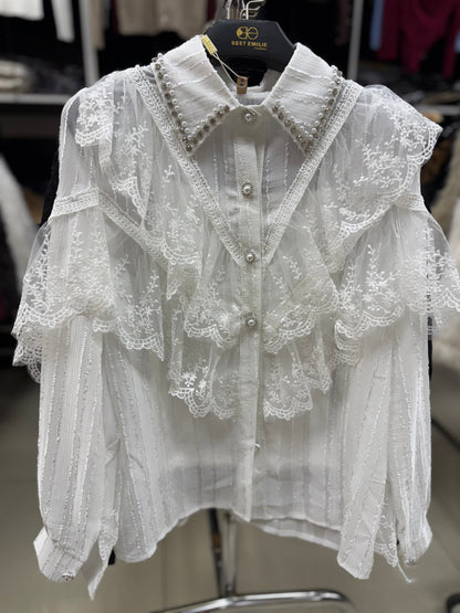 Vina | Vintage Blouse with Pearl & Rhinestone Details