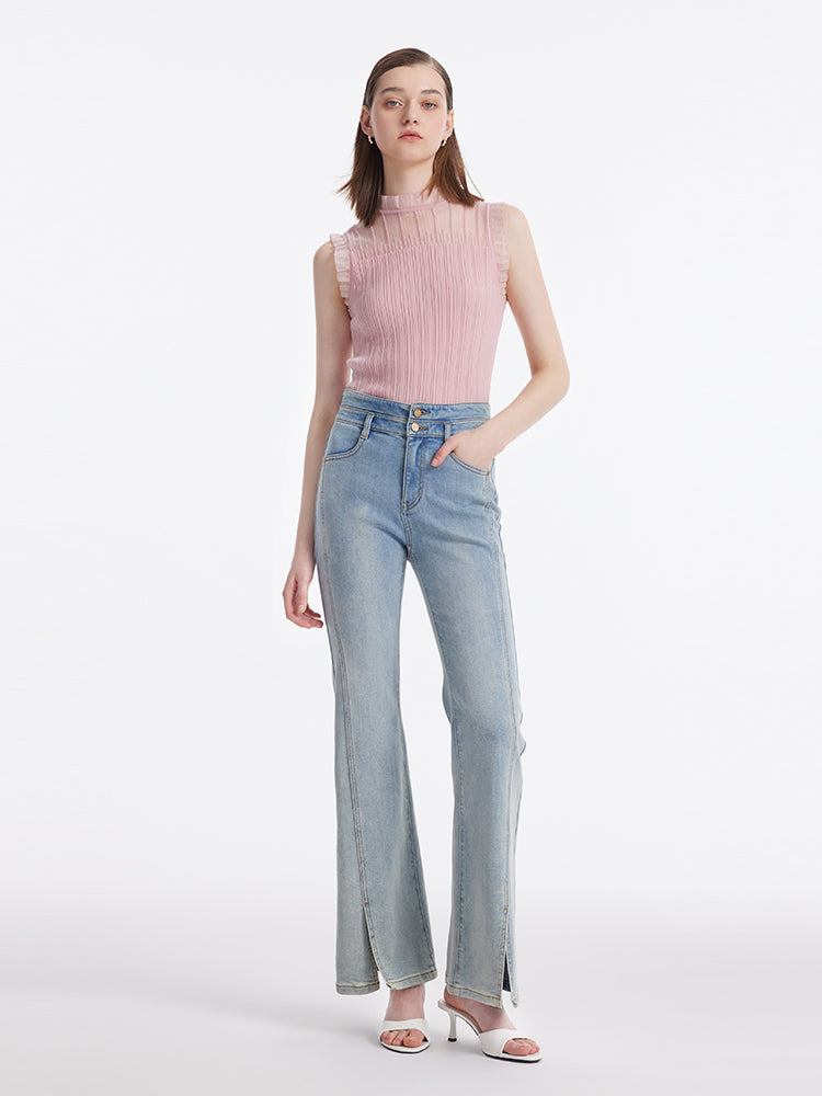 Women's Top with Ruffles Made from Tencel and Wool