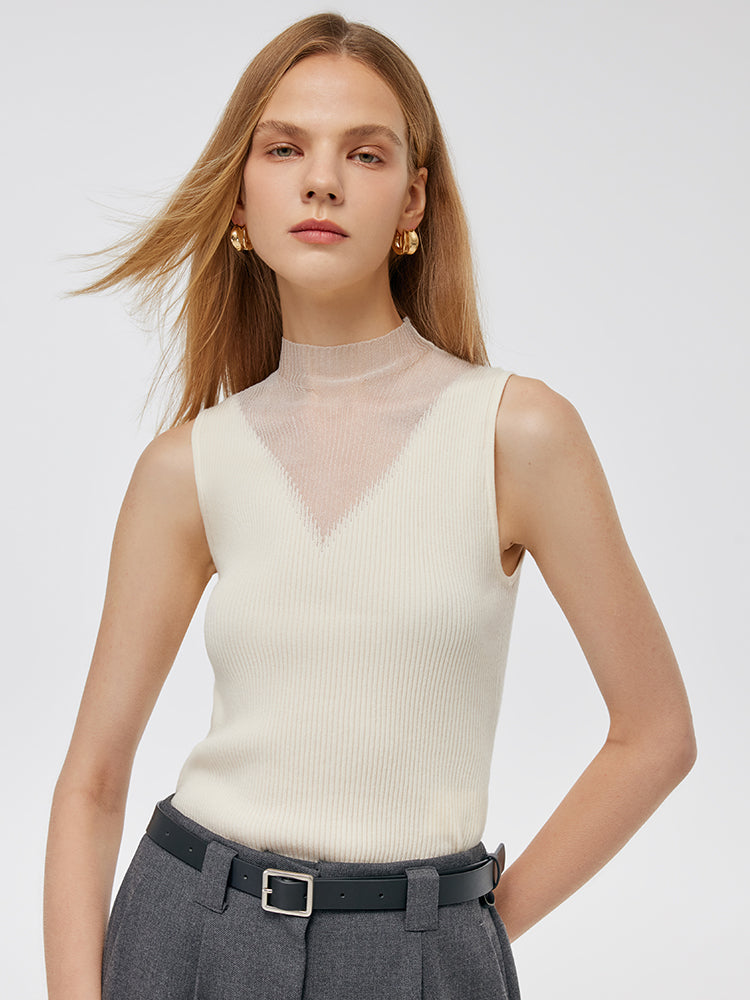 Patchwork Mock Neck Women's Knitted Sleeveless Top