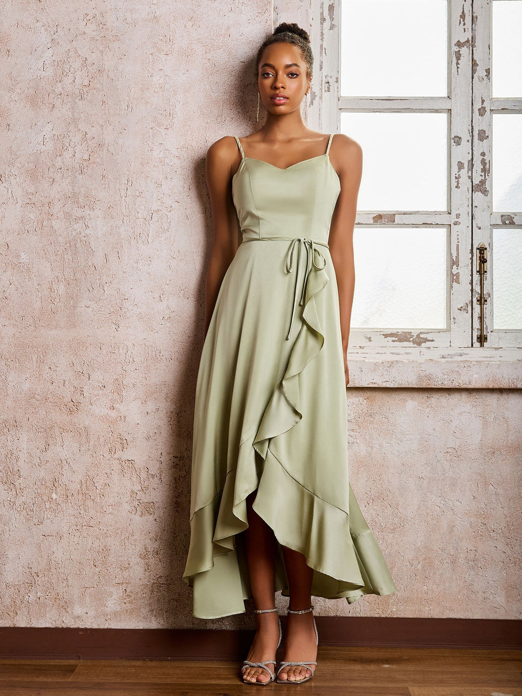 Elegant Asymmetrical Satin Dress with Belt – Evening Dress / Formal