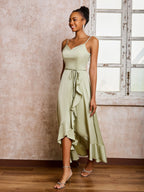 Elegant Asymmetrical Satin Dress with Belt – Evening Dress / Formal