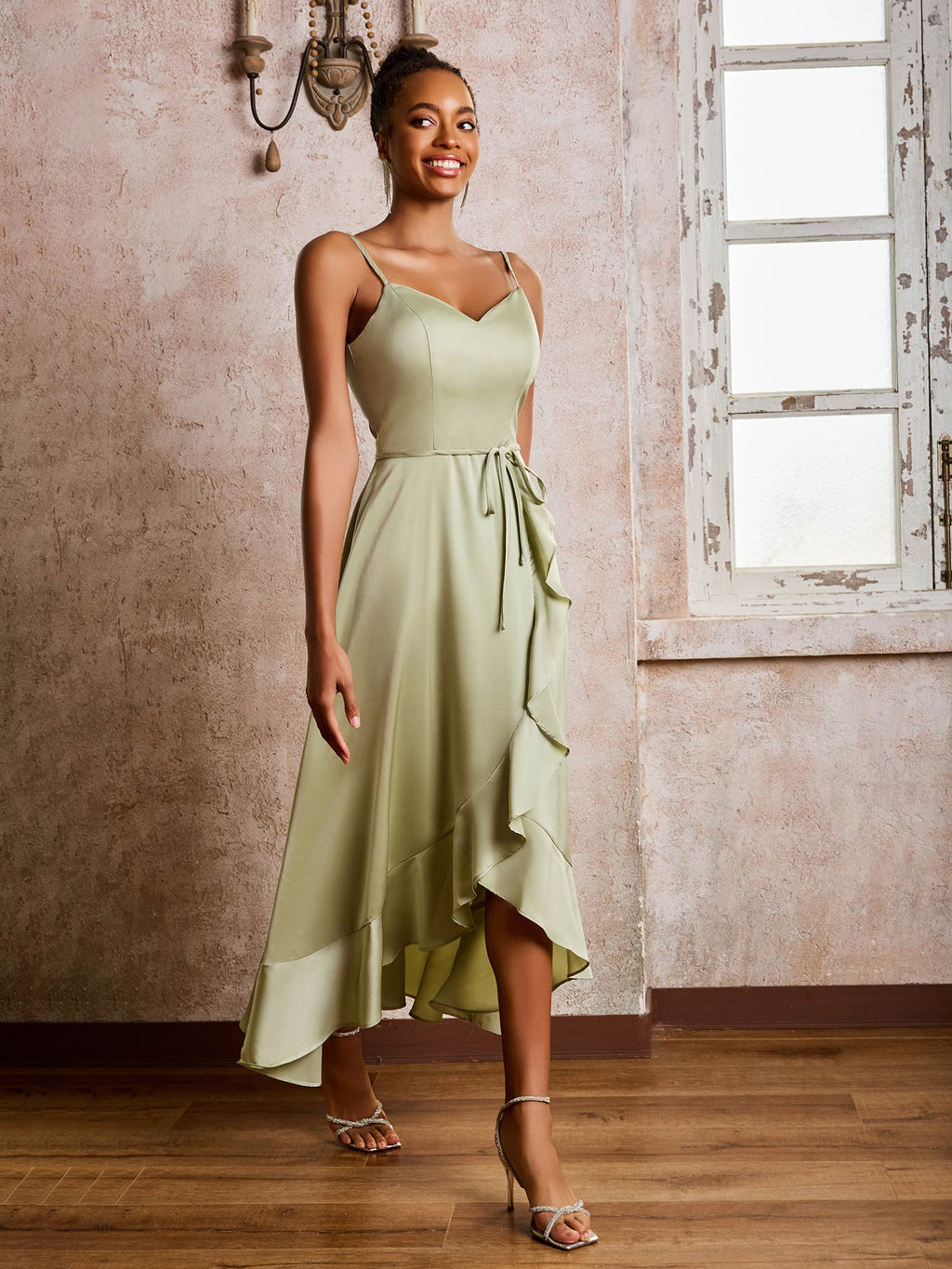 Elegant Asymmetrical Satin Dress with Belt – Evening Dress / Formal