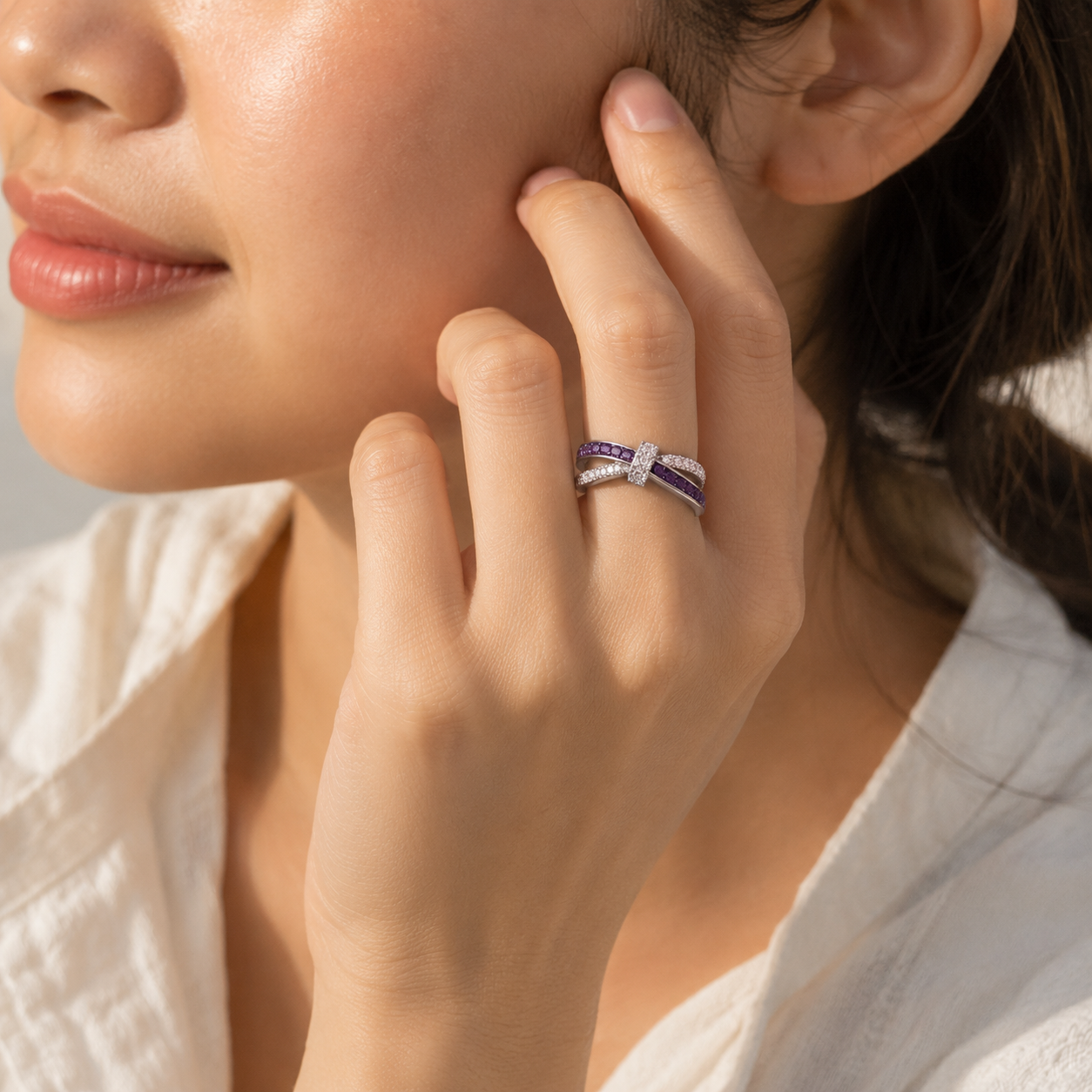 Avery | Paarse Witte Twee Kleuren 5A Zircon Kruis Boog Knoop Ringen