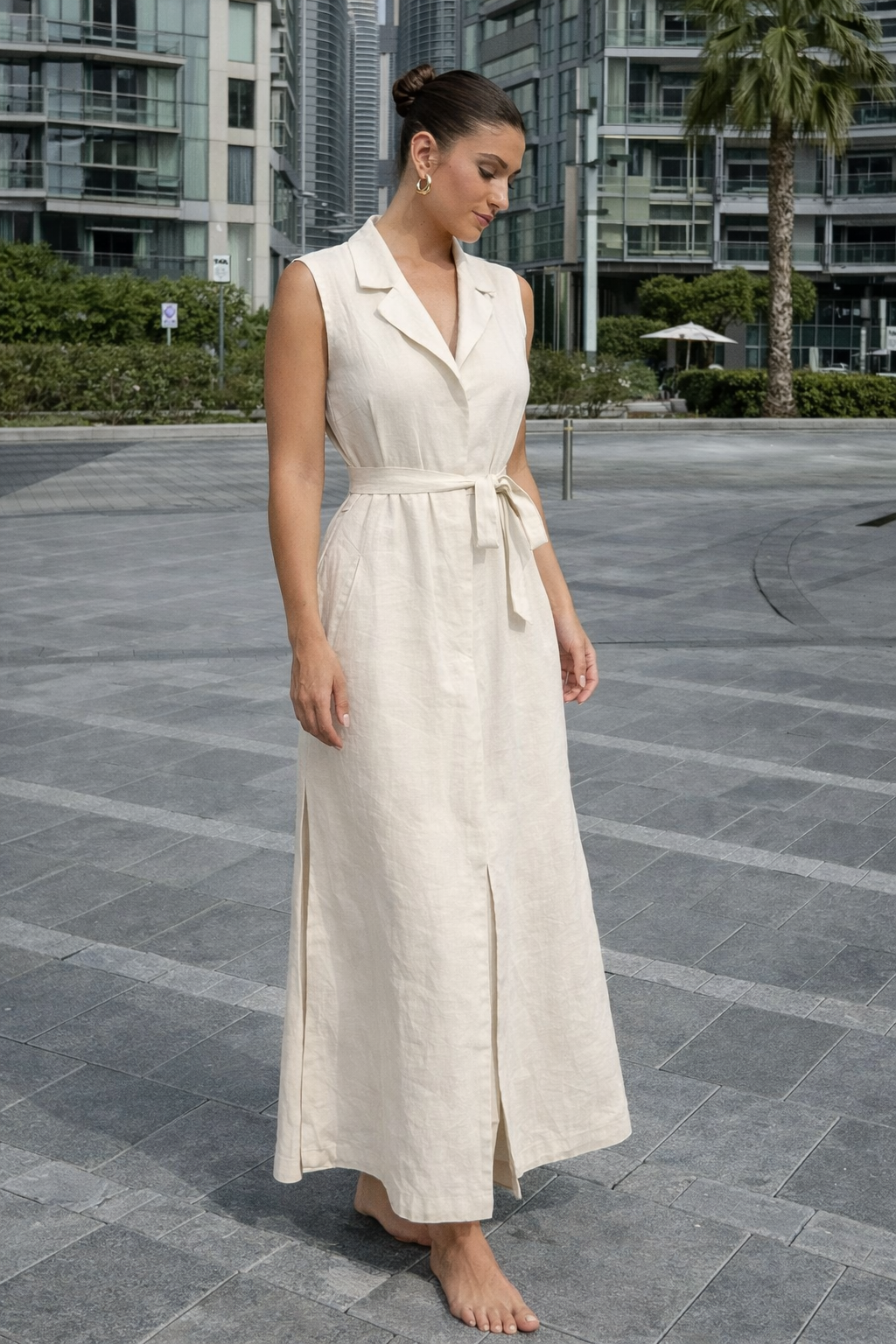 Alouette | Linen cotton dress with high waist and tie