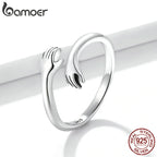 BAMOER 925 Sterling Silver Hug Open Ring Warm Love Hand Adjustable Glossy Ring for Women, His Big Loving Family Party Gift