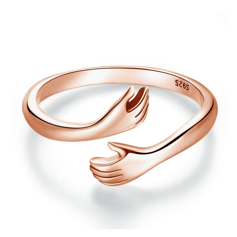 BAMOER 925 Sterling Silver Hug Open Ring Warm Love Hand Adjustable Glossy Ring for Women, His Big Loving Family Party Gift