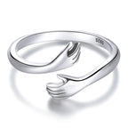 BAMOER 925 Sterling Silver Hug Open Ring Warm Love Hand Adjustable Glossy Ring for Women, His Big Loving Family Party Gift
