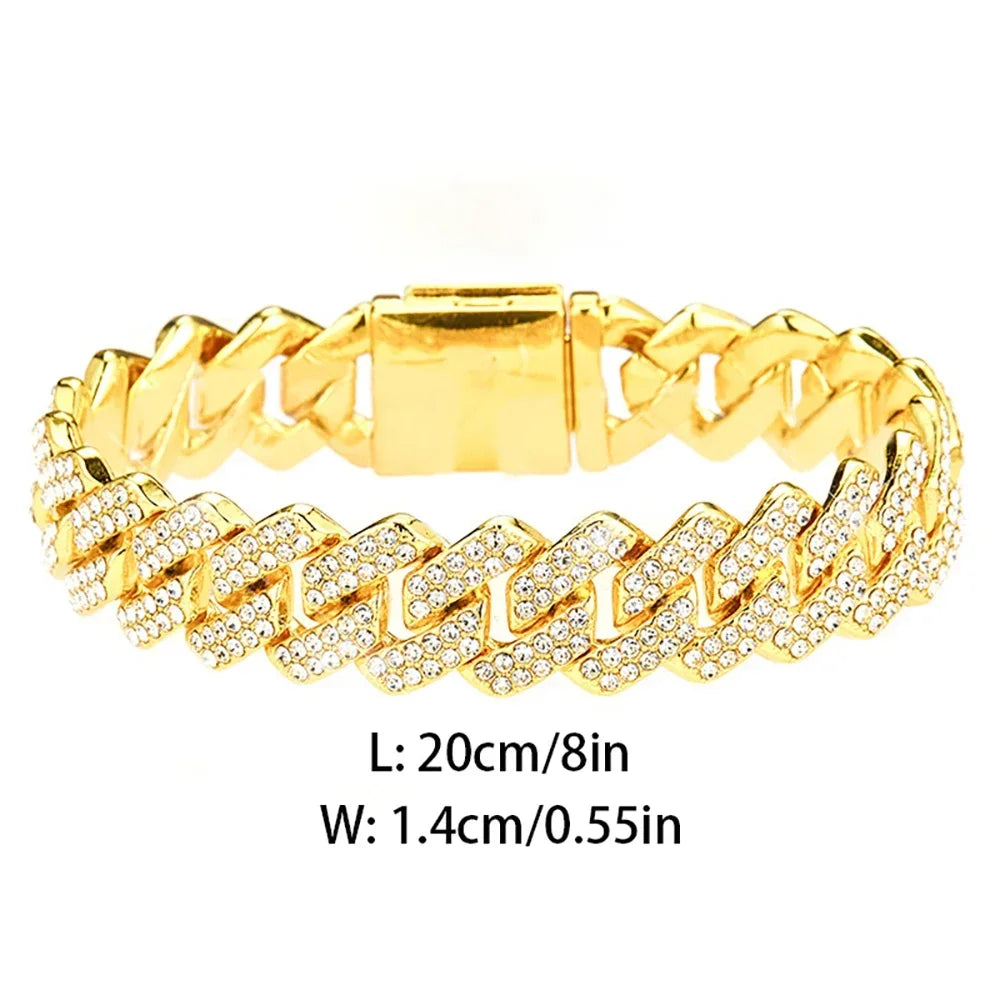 Hip Hop Shiny 15MM Cuban Link Chain Necklace Women Men Silver Color Rhinestone Iced Out Cuban Chain Punk Jewelry Necklace Gift