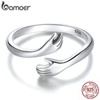 BAMOER 925 Sterling Silver Hug Open Ring Warm Love Hand Adjustable Glossy Ring for Women, His Big Loving Family Party Gift
