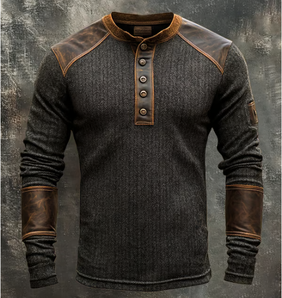 Henry | Vintage Henley Pullover with Leather Accents