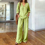 Celine | Linen blend two-piece set with V-neck top