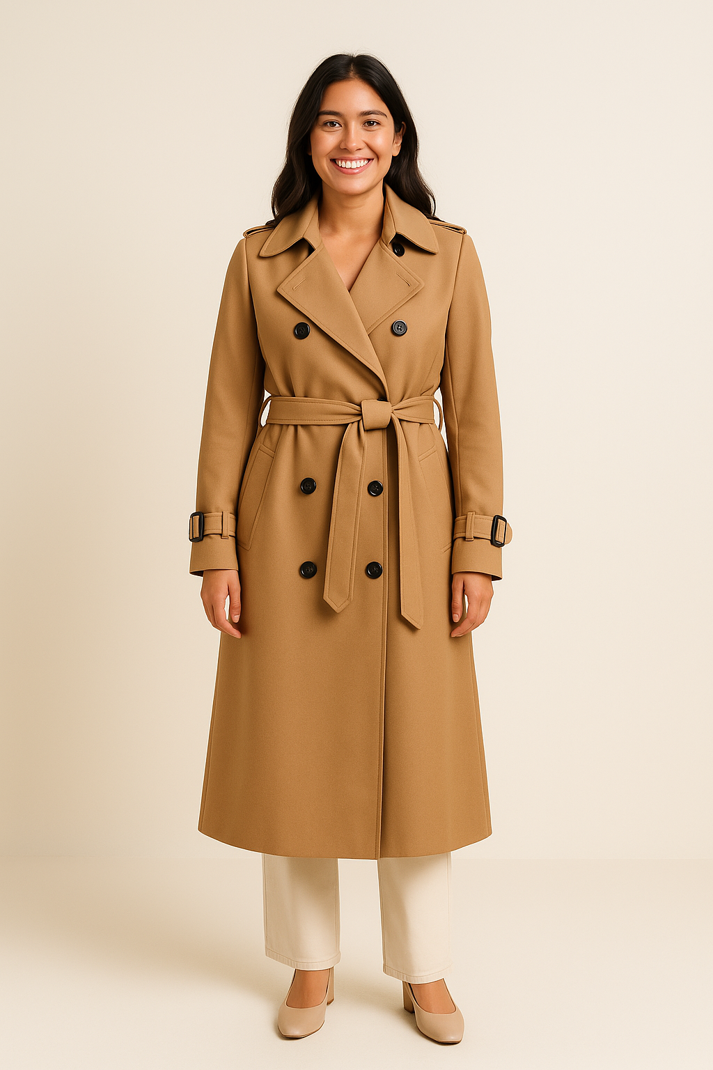 HERBERGER | Elegant Women's Long Trench Coat with Tie Belt and Button Placket