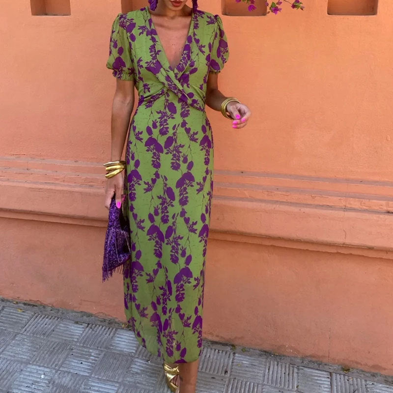 Dress with Slit and Floral Pattern
