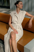 Linen Maxi Dress with High Waist and Tie Belt – Elegant Dress with Slit