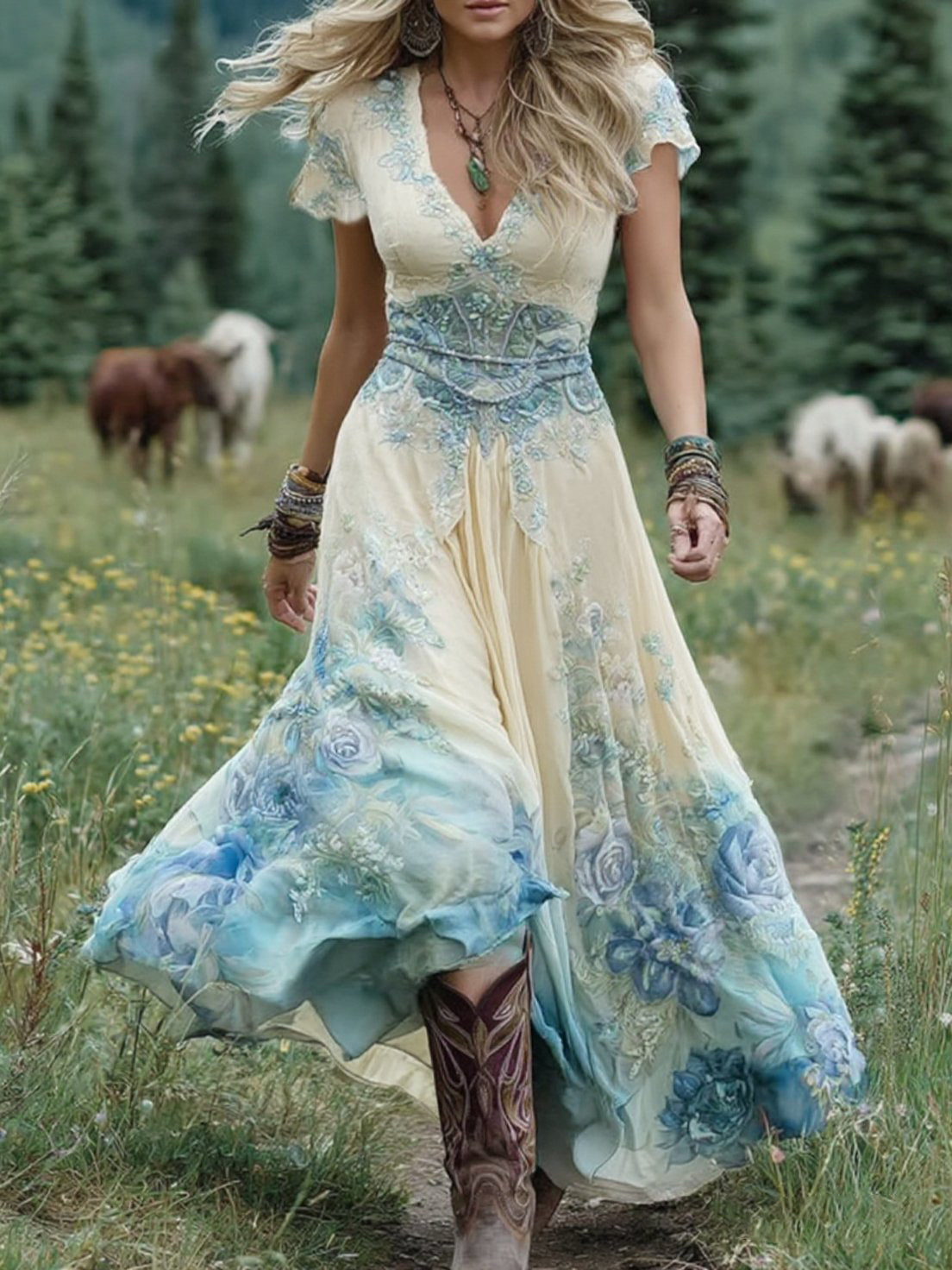 Marcina Elegant Maxi Dress with Floral Tones