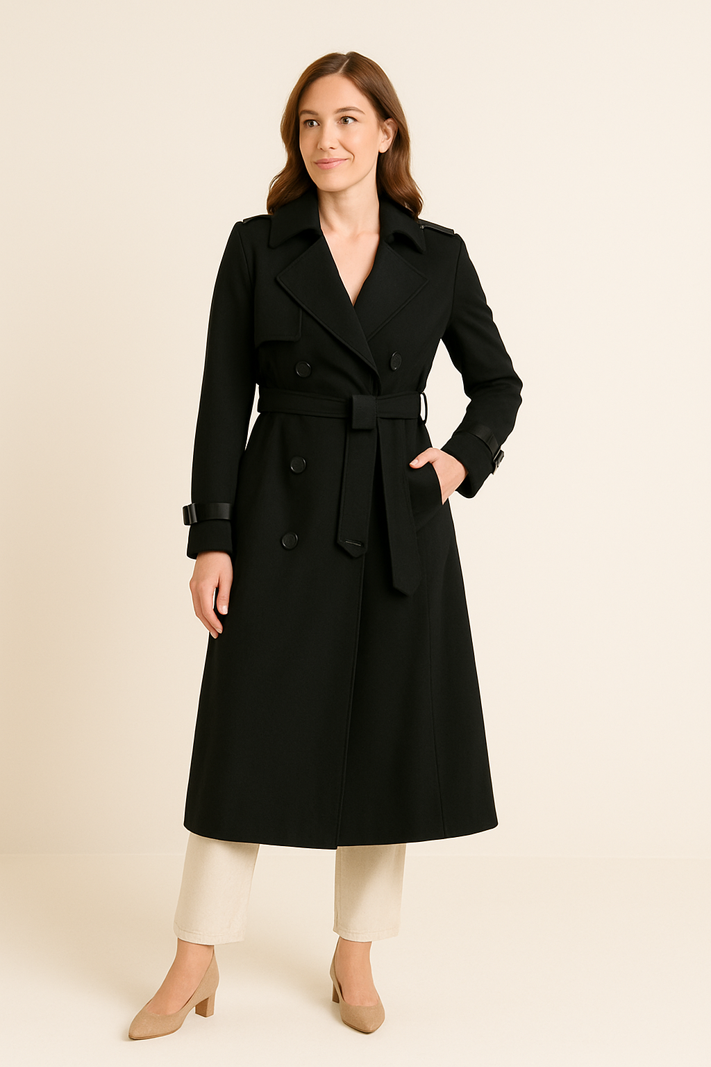 HERBERGER | Elegant Women's Long Trench Coat with Tie Belt and Button Placket